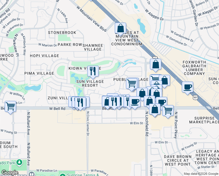 map of restaurants, bars, coffee shops, grocery stores, and more near West Arapaho Trail in Surprise