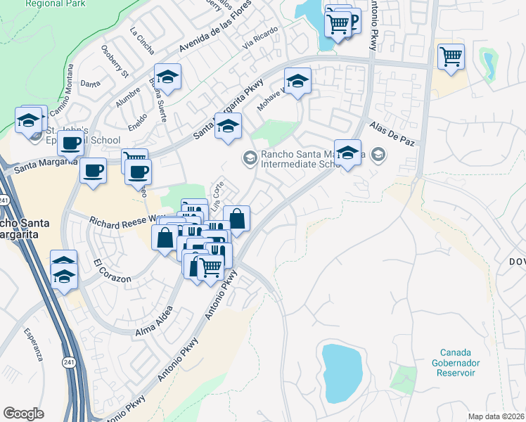map of restaurants, bars, coffee shops, grocery stores, and more near 84 Via Prado in Rancho Santa Margarita