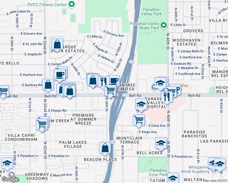 map of restaurants, bars, coffee shops, grocery stores, and more near 3649 Bell Road in Phoenix