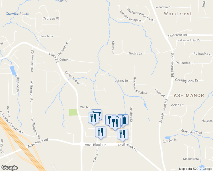 map of restaurants, bars, coffee shops, grocery stores, and more near 4058 Villagewood Lane in Ellenwood