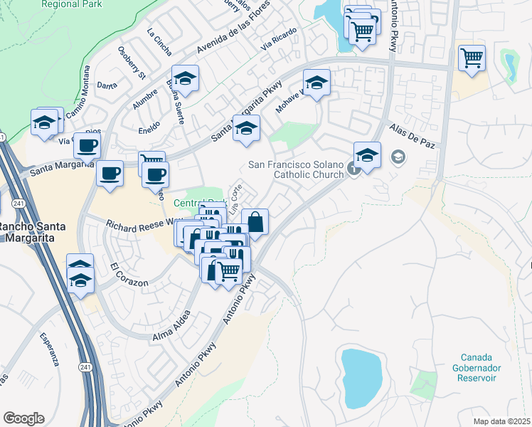 map of restaurants, bars, coffee shops, grocery stores, and more near 68 Via Terrano in Rancho Santa Margarita
