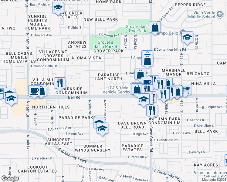 map of restaurants, bars, coffee shops, grocery stores, and more near 2150 East Bell Road in Phoenix