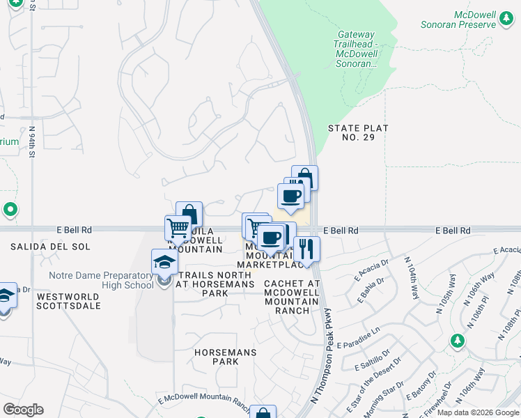 map of restaurants, bars, coffee shops, grocery stores, and more near 10006 East Bell Road in Scottsdale