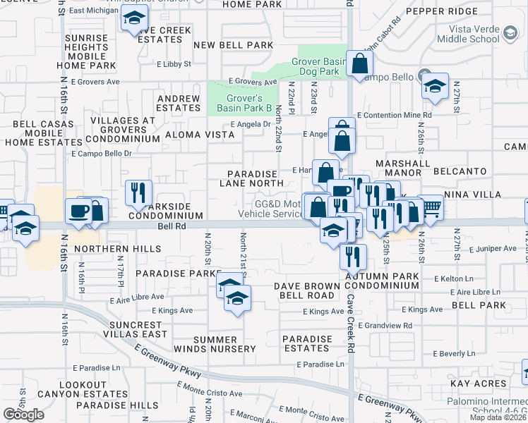 map of restaurants, bars, coffee shops, grocery stores, and more near 2150 East Bell Road in Phoenix