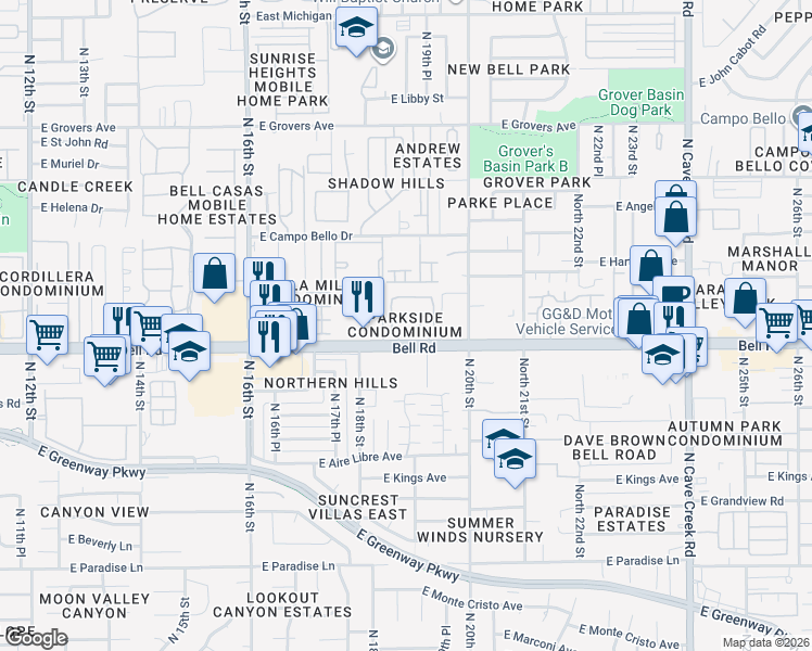 map of restaurants, bars, coffee shops, grocery stores, and more near 1920 East Bell Road in Phoenix