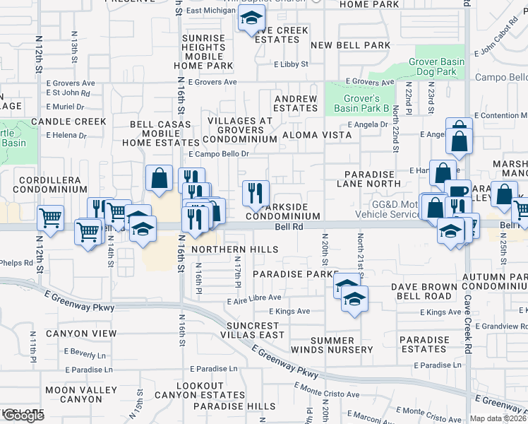 map of restaurants, bars, coffee shops, grocery stores, and more near 1920 East Bell Road in Phoenix