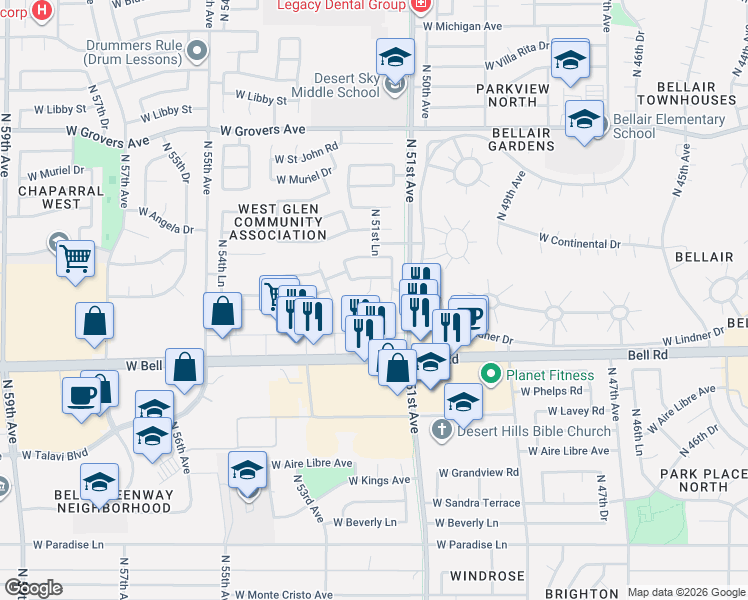 map of restaurants, bars, coffee shops, grocery stores, and more near 17188 North 51st Drive in Glendale