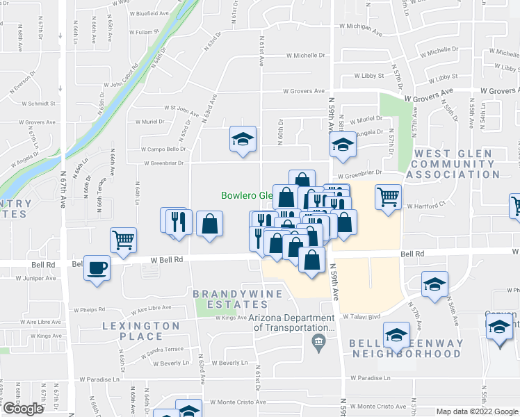 map of restaurants, bars, coffee shops, grocery stores, and more near 17126-17248 North 61st Avenue in Glendale