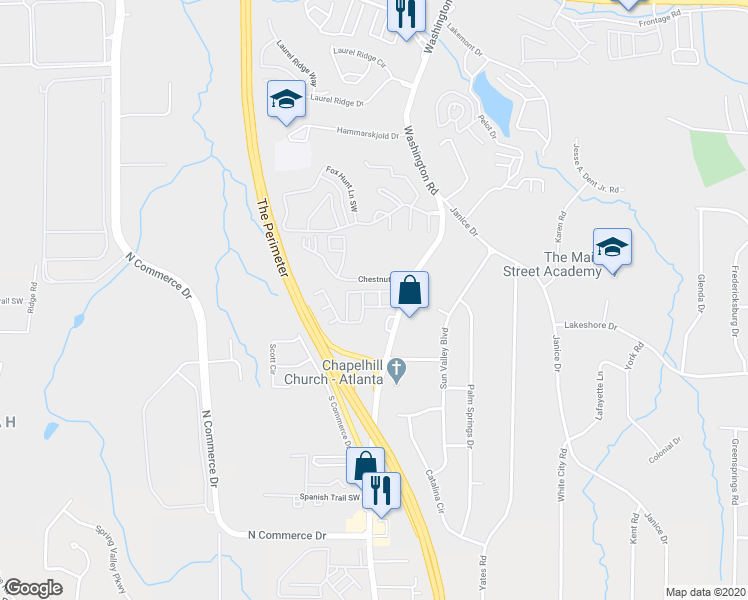map of restaurants, bars, coffee shops, grocery stores, and more near 4221 Washington Road in East Point