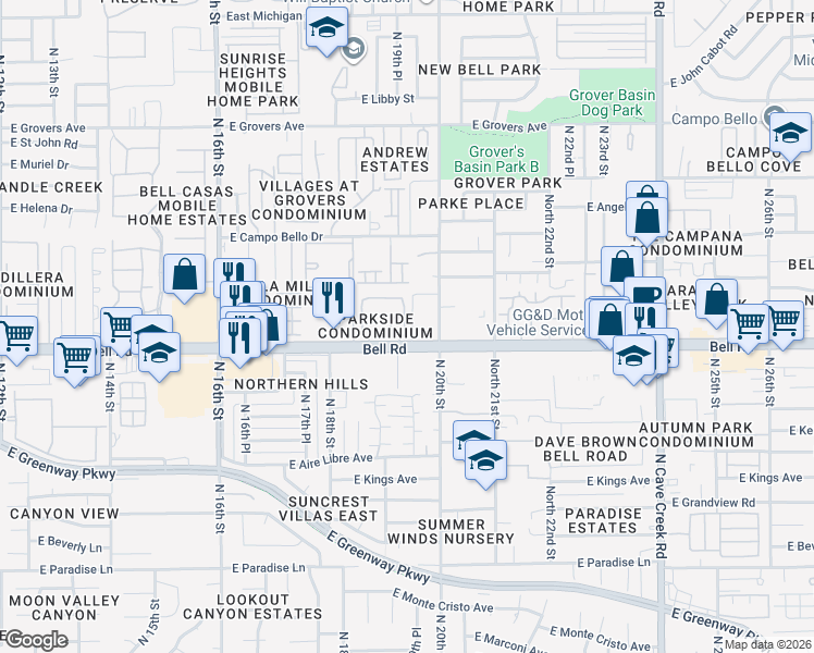 map of restaurants, bars, coffee shops, grocery stores, and more near 1920 East Bell Road in Phoenix