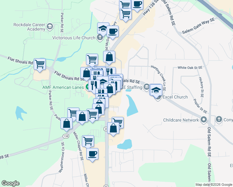 map of restaurants, bars, coffee shops, grocery stores, and more near 1820 Georgia 20 in Conyers