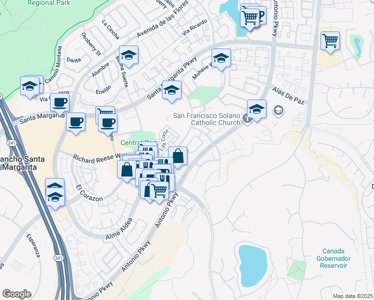 map of restaurants, bars, coffee shops, grocery stores, and more near 84 Via Prado in Rancho Santa Margarita