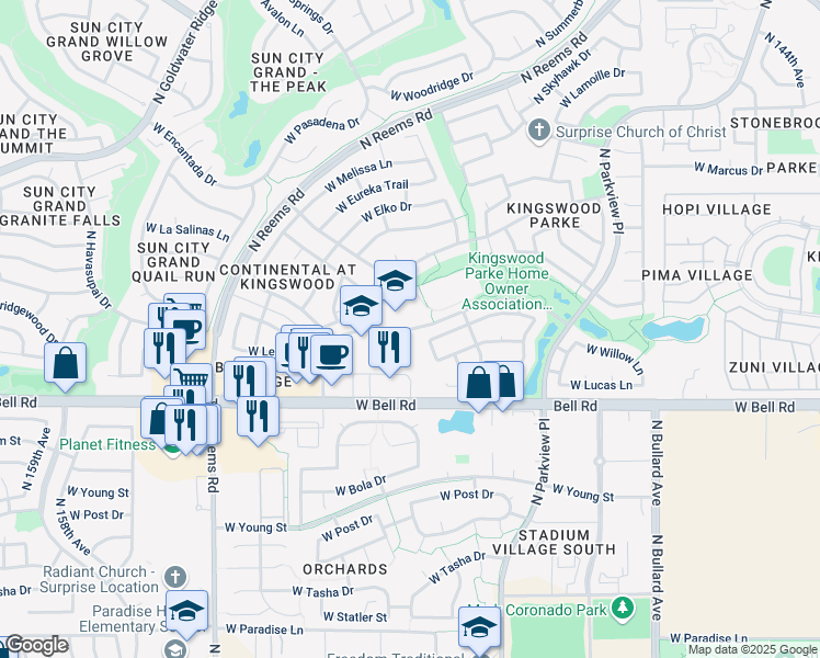 map of restaurants, bars, coffee shops, grocery stores, and more near 15150 West Mondell Road in Surprise