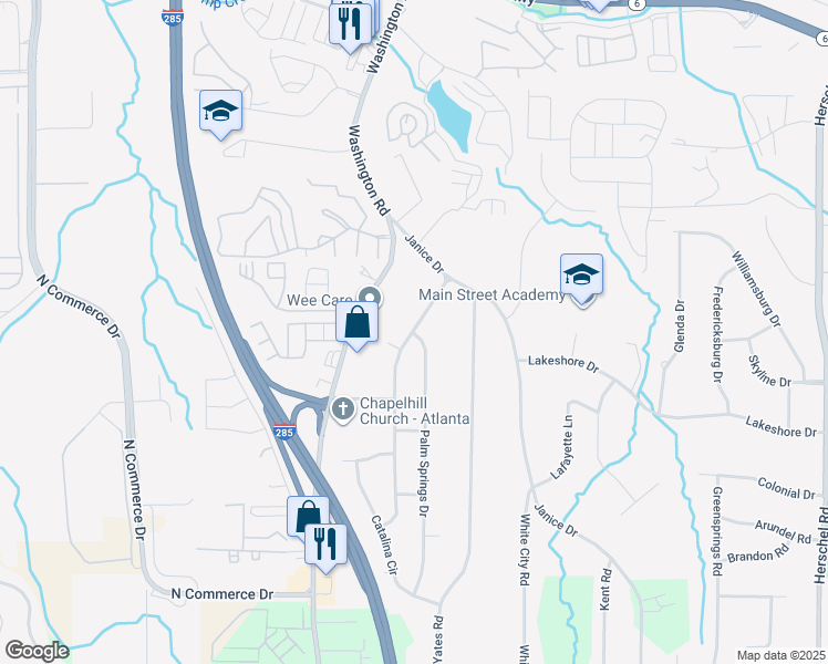 map of restaurants, bars, coffee shops, grocery stores, and more near 2902 Palm Springs Drive in East Point