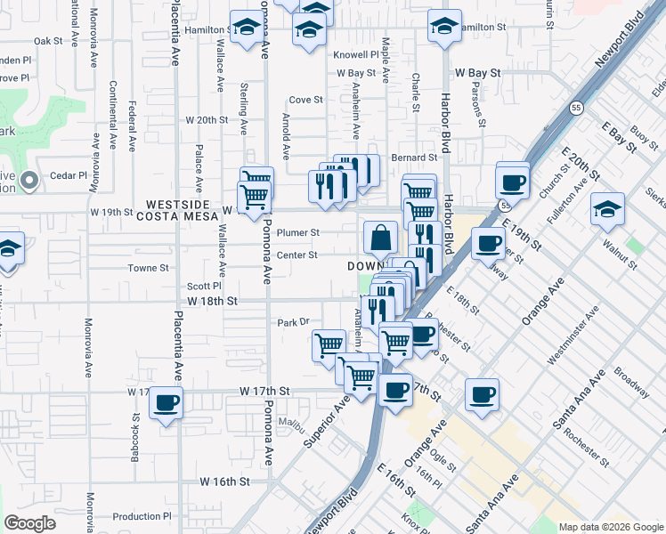 map of restaurants, bars, coffee shops, grocery stores, and more near 1818 Viola Place in Costa Mesa