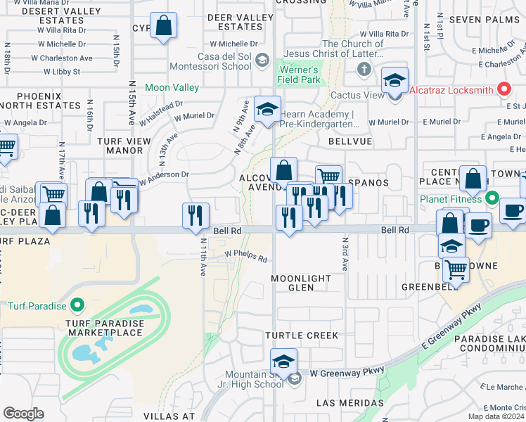 map of restaurants, bars, coffee shops, grocery stores, and more near 710 West Bell Road in Phoenix