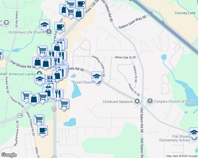 map of restaurants, bars, coffee shops, grocery stores, and more near 1151 Flat Shoals Road Southeast in Conyers