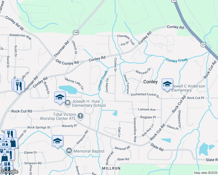 map of restaurants, bars, coffee shops, grocery stores, and more near 4178 Conley Circle in Conley