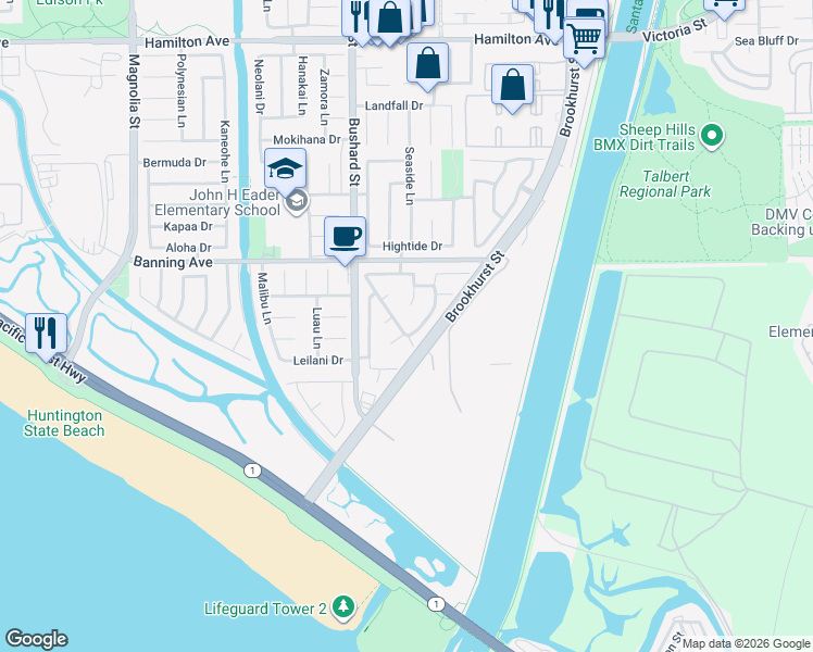 map of restaurants, bars, coffee shops, grocery stores, and more near 22192 Cape May Lane in Huntington Beach