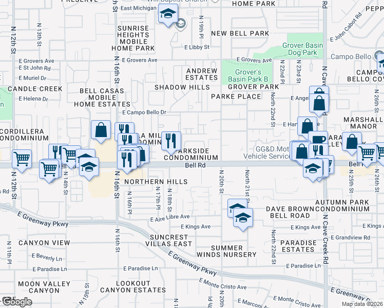 map of restaurants, bars, coffee shops, grocery stores, and more near 1920 East Bell Road in Phoenix