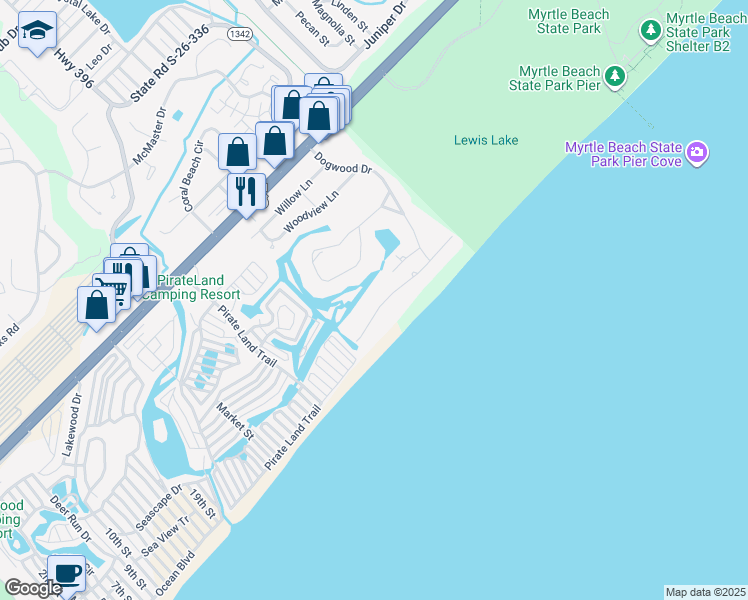 map of restaurants, bars, coffee shops, grocery stores, and more near 5004 South Ocean Boulevard in Surfside Beach