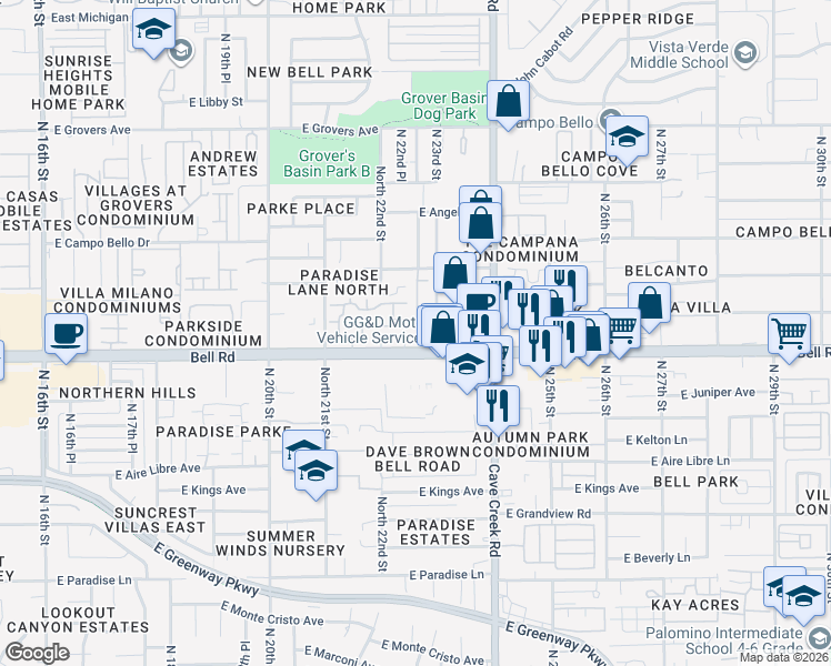 map of restaurants, bars, coffee shops, grocery stores, and more near 2217 E Bell Rd in Phoenix