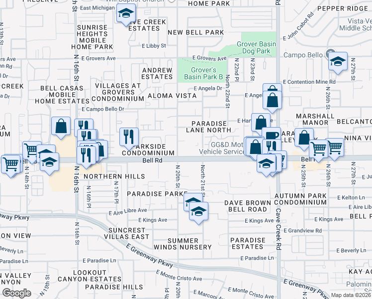 map of restaurants, bars, coffee shops, grocery stores, and more near 2020 East Bell Road in Phoenix