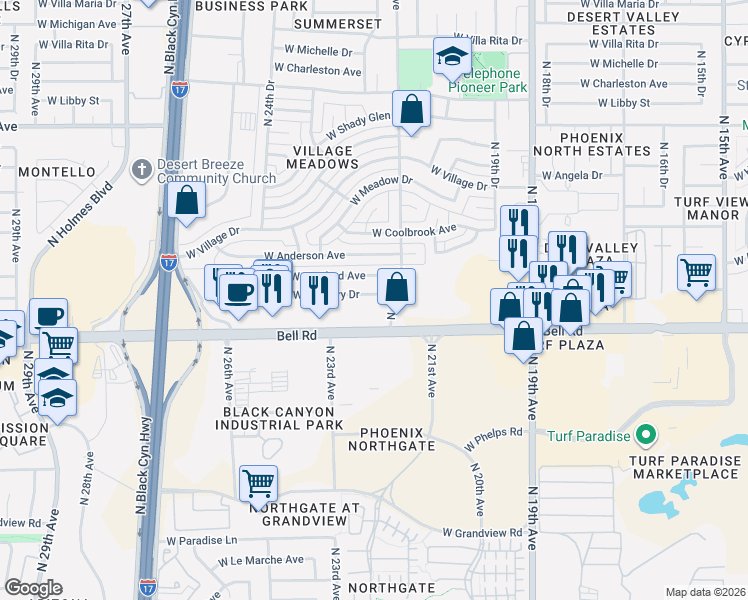 map of restaurants, bars, coffee shops, grocery stores, and more near 2218 West Bell Road in Phoenix
