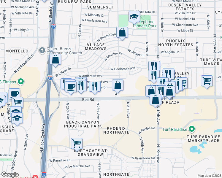 map of restaurants, bars, coffee shops, grocery stores, and more near 2218 West Bell Road in Phoenix