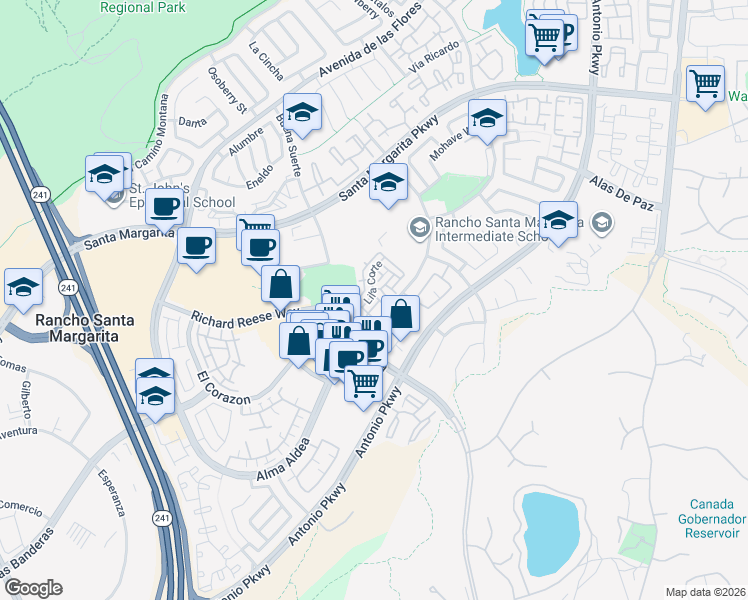 map of restaurants, bars, coffee shops, grocery stores, and more near 2 Paseo Acebo in Rancho Santa Margarita