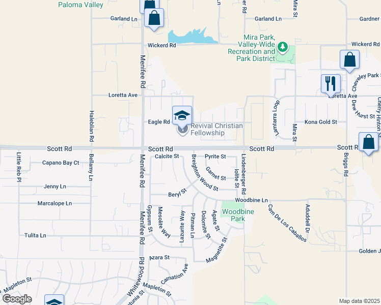 map of restaurants, bars, coffee shops, grocery stores, and more near 33011 Breighton Wood Street in Menifee
