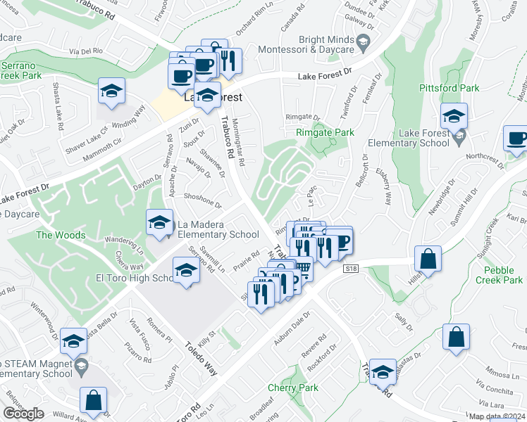 map of restaurants, bars, coffee shops, grocery stores, and more near 25751 Trabuco Road in Lake Forest
