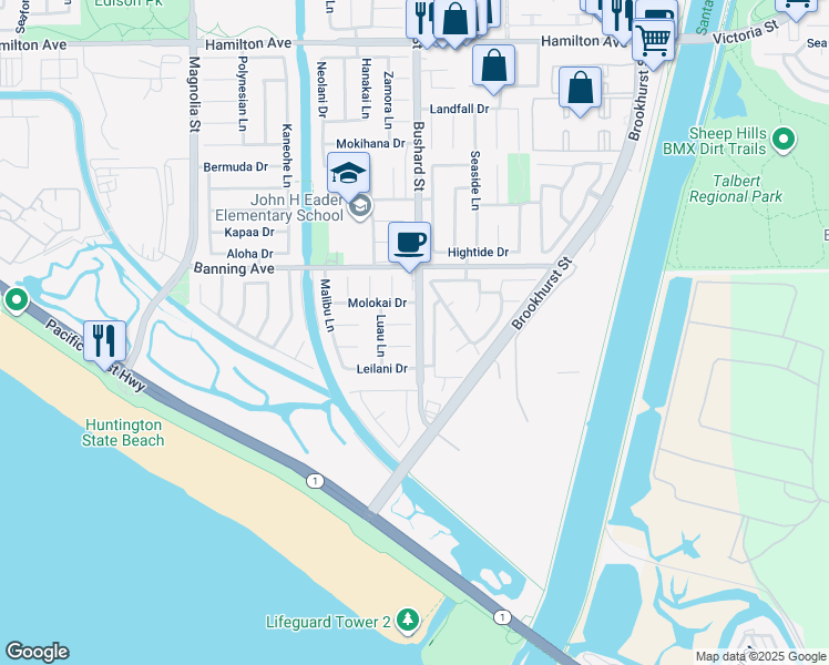 map of restaurants, bars, coffee shops, grocery stores, and more near 9472 Tiki Circle in Huntington Beach