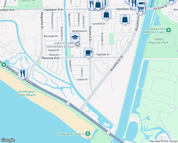 map of restaurants, bars, coffee shops, grocery stores, and more near 9472 Tiki Circle in Huntington Beach