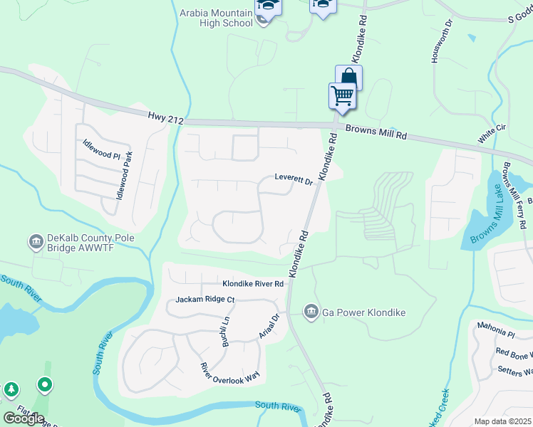 map of restaurants, bars, coffee shops, grocery stores, and more near 6284 Leverett Drive in Lithonia