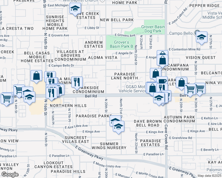 map of restaurants, bars, coffee shops, grocery stores, and more near 16901-16999 North 20th Street in Phoenix