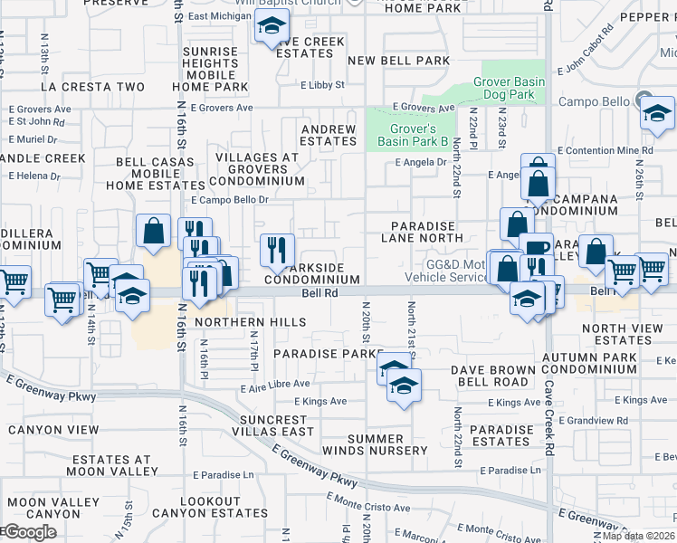 map of restaurants, bars, coffee shops, grocery stores, and more near 1920 East Bell Road in Phoenix