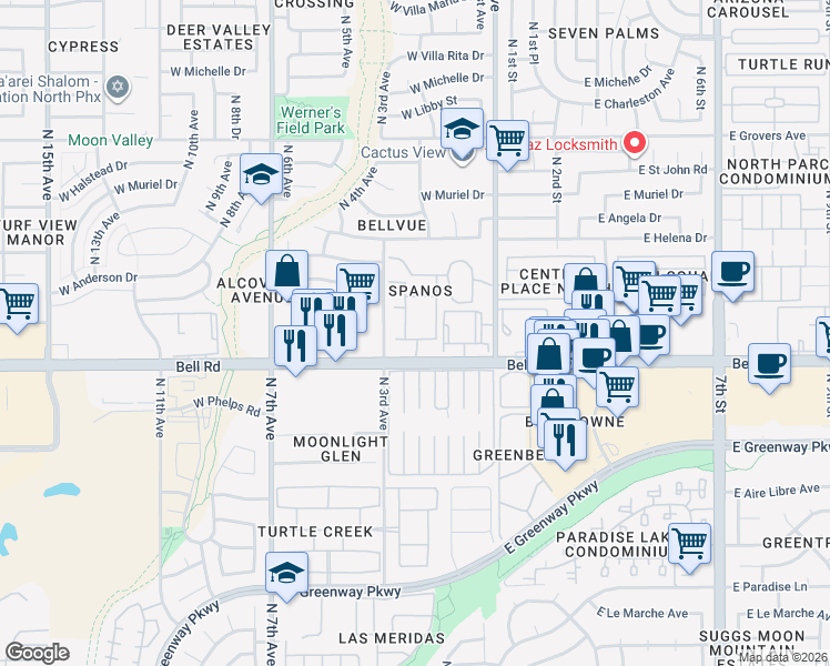 map of restaurants, bars, coffee shops, grocery stores, and more near 220 West Bell Road in Phoenix