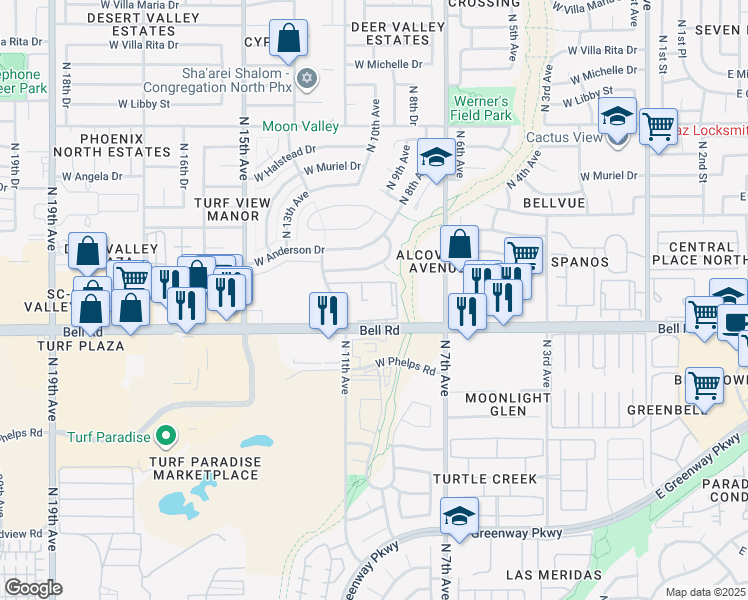 map of restaurants, bars, coffee shops, grocery stores, and more near 17031 North 11th Avenue in Phoenix