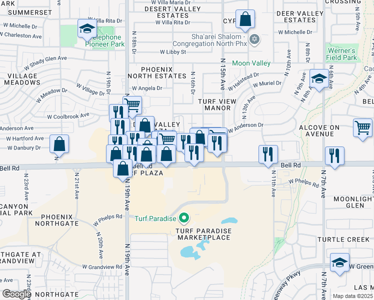 map of restaurants, bars, coffee shops, grocery stores, and more near 1660 West Bell Road in Phoenix