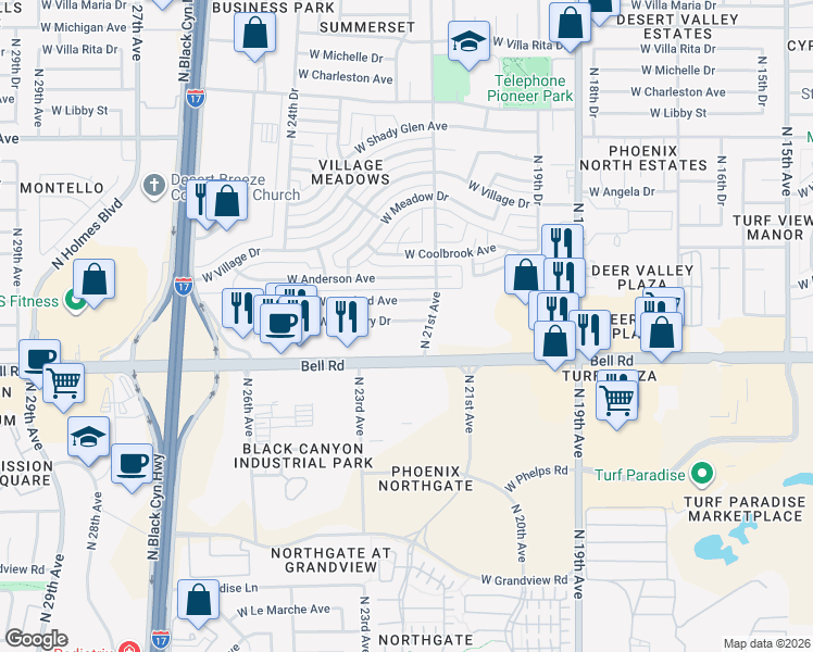 map of restaurants, bars, coffee shops, grocery stores, and more near 2218 West Bell Road in Phoenix