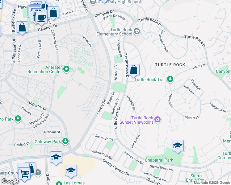 map of restaurants, bars, coffee shops, grocery stores, and more near 9 Bethany Drive in Irvine