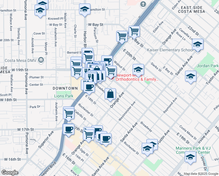map of restaurants, bars, coffee shops, grocery stores, and more near 179 Flower Street in Costa Mesa