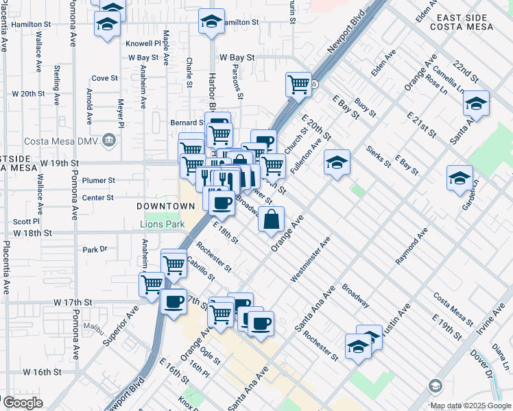 map of restaurants, bars, coffee shops, grocery stores, and more near 1833 Fullerton Avenue in Costa Mesa
