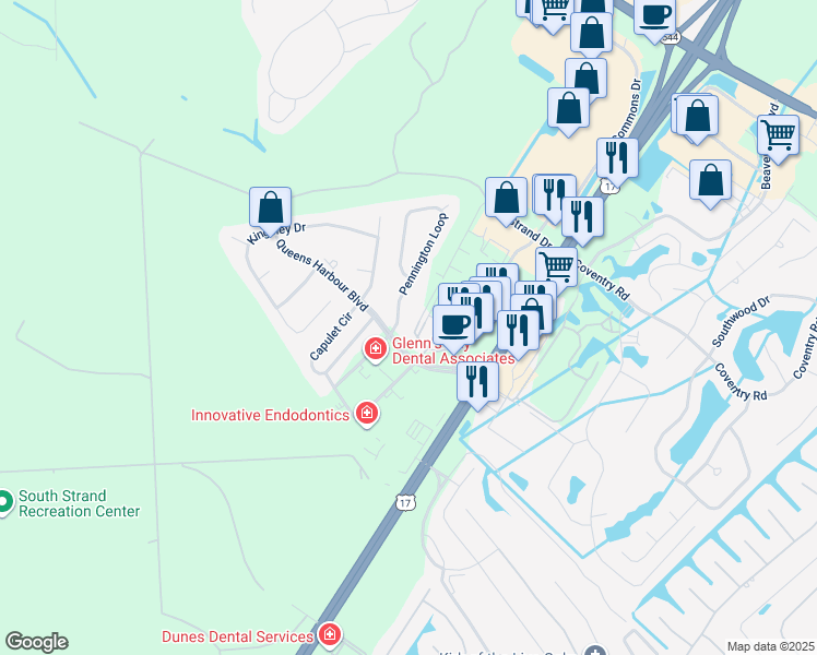 map of restaurants, bars, coffee shops, grocery stores, and more near 8601 Montague Lane in Myrtle Beach