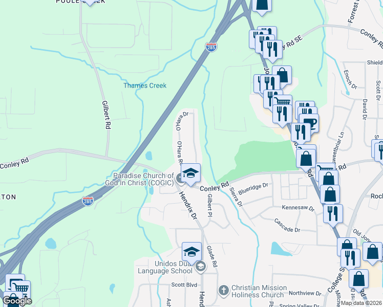 map of restaurants, bars, coffee shops, grocery stores, and more near 4182 O'Hara Road in Forest Park