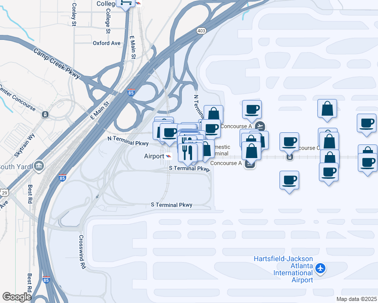 map of restaurants, bars, coffee shops, grocery stores, and more near 6000 North Terminal Parkway in Atlanta
