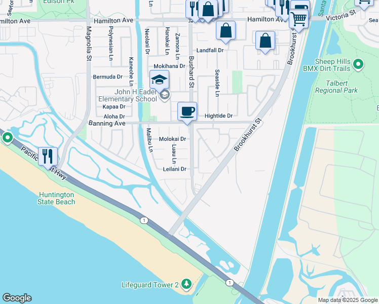 map of restaurants, bars, coffee shops, grocery stores, and more near 9472 Tiki Circle in Huntington Beach