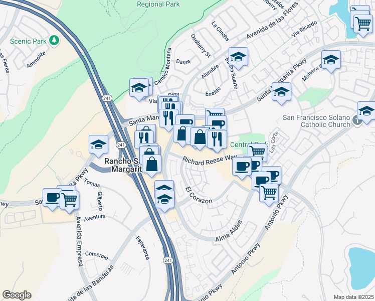 map of restaurants, bars, coffee shops, grocery stores, and more near 47 Vía Vicini in Rancho Santa Margarita