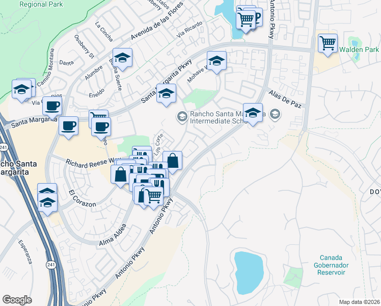 map of restaurants, bars, coffee shops, grocery stores, and more near 45 Via Prado in Rancho Santa Margarita